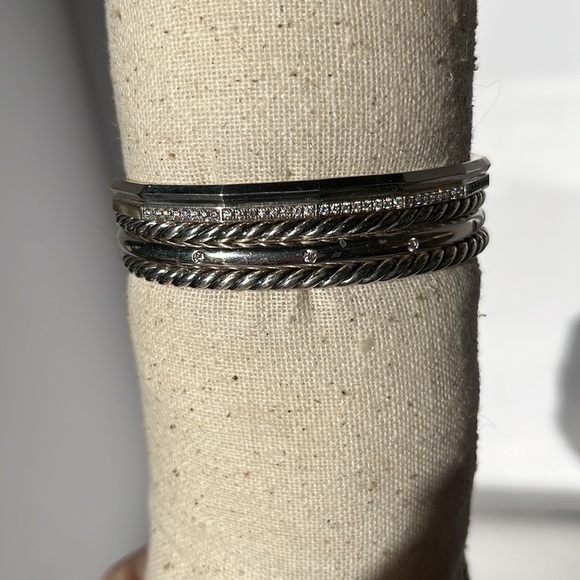 David Yurman Stax- 5 Silver and Diamond Cuffs Combined into one Cuff Bracelet - Picture 9 of 16